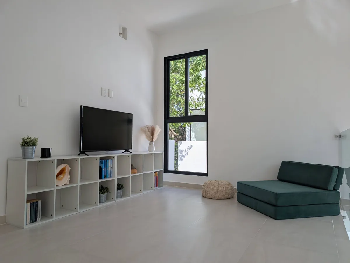 Upstairs family room with a TV, shelving, and a sofa bed
